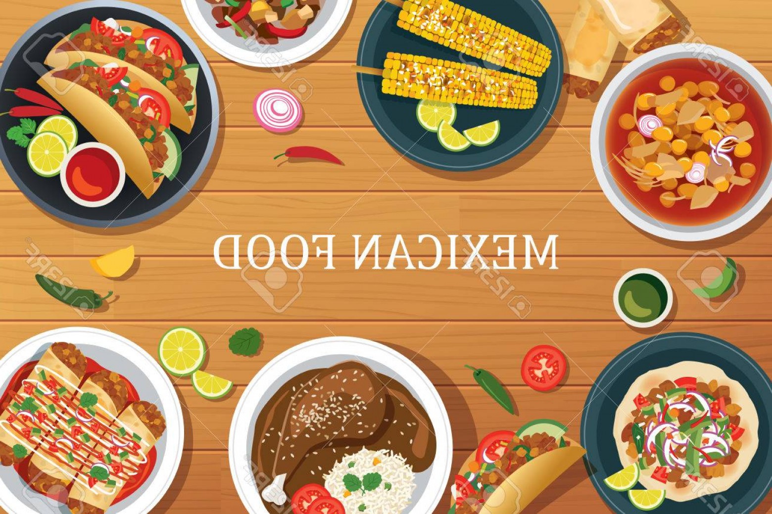 1560x1039 Photostock Vector Mexican Food On A Wooden Background Vector