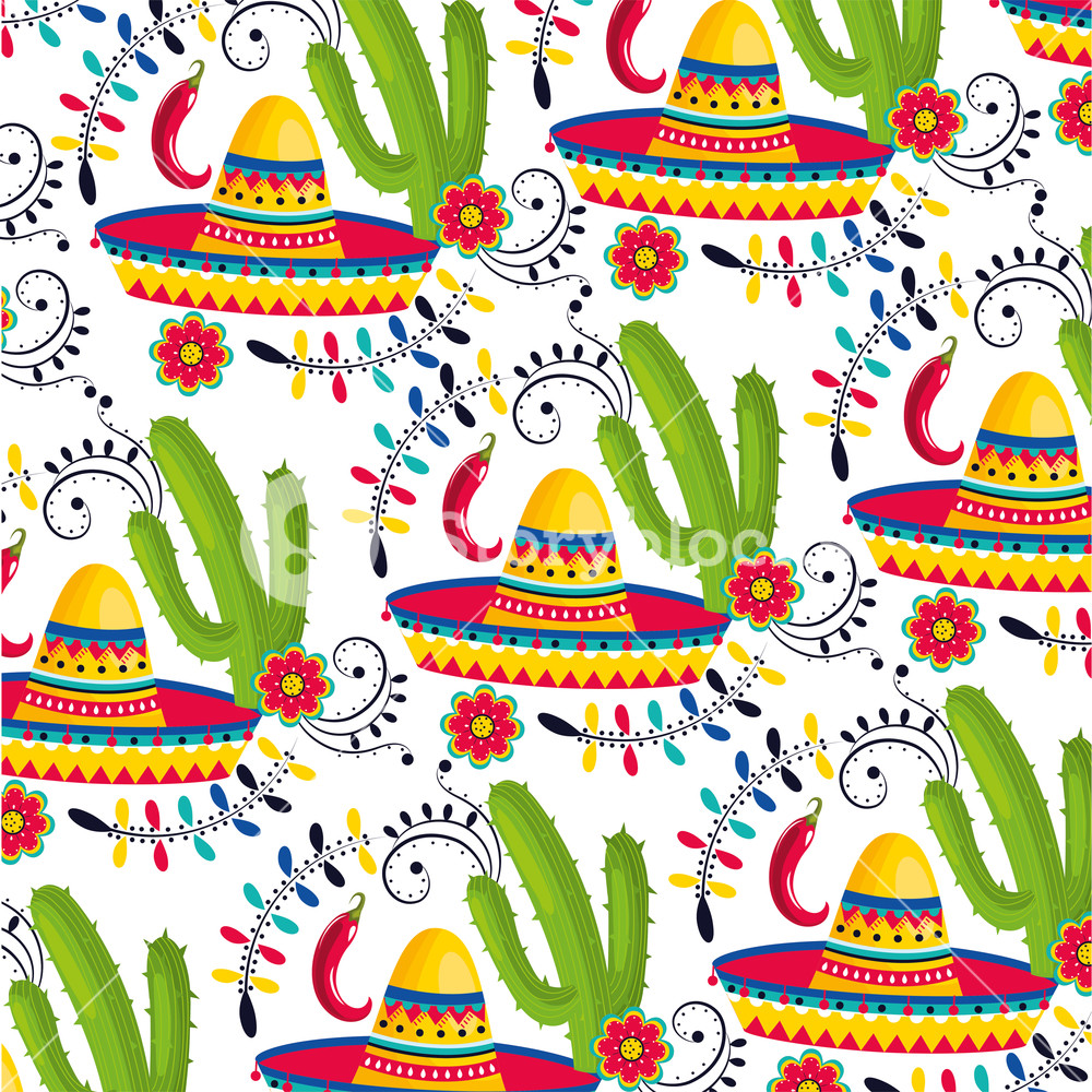 1000x1000 Mexican Hat With Cactus Plants And Chili Peppers Background Vector