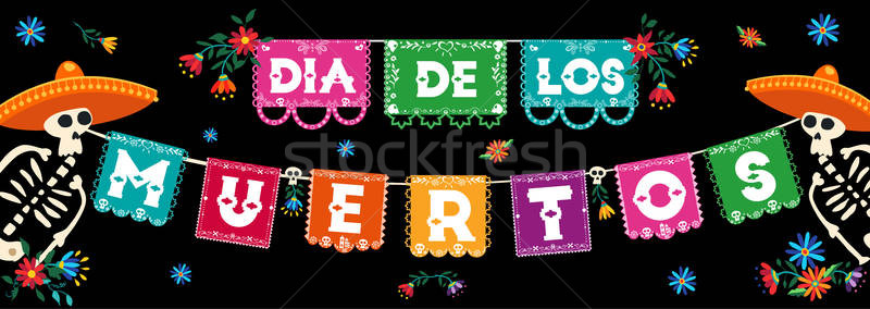 800x284 Day Of The Dead Mexican Paper Flags Banner Vector Illustration
