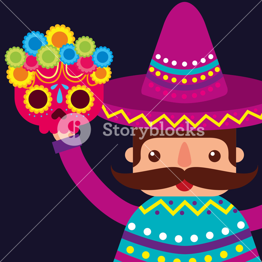 1000x1000 Mexican Man With Hat And Poncho Holding Skull Floral Vector