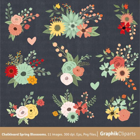 570x570 Chalkboard Spring Blossoms Wildflower Clipart Vector Etsy
