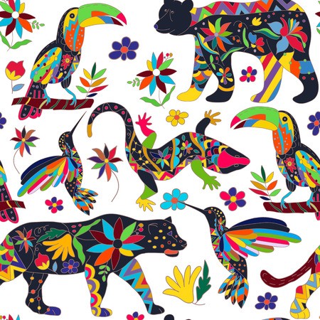 450x450 Seamless Pattern With Isolated Mexican Animals And Flowers