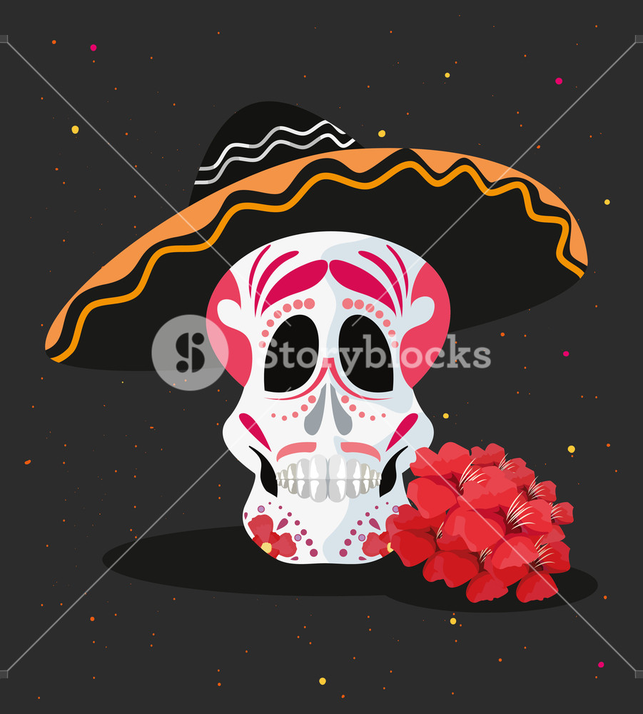 901x1000 Day Of The Dead Skull Using Mexican Hat Red Flowers Vector
