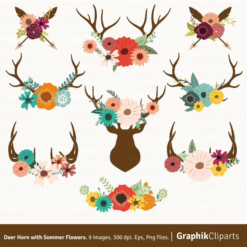 794x794 Deer Horn With Summer Flowers Vector Flowers Spring Clip Etsy