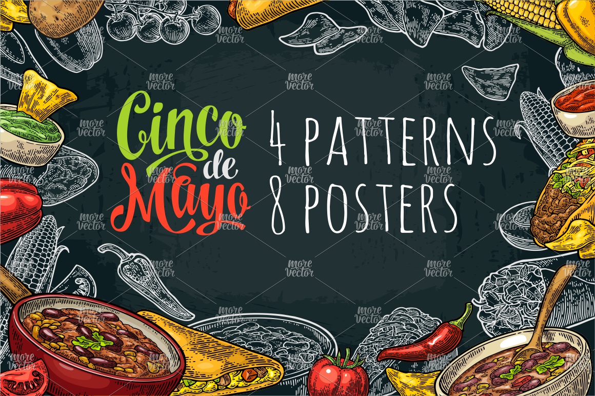 1160x772 Cinco De Mayo Lettering And Mexican Food Vector Engraving