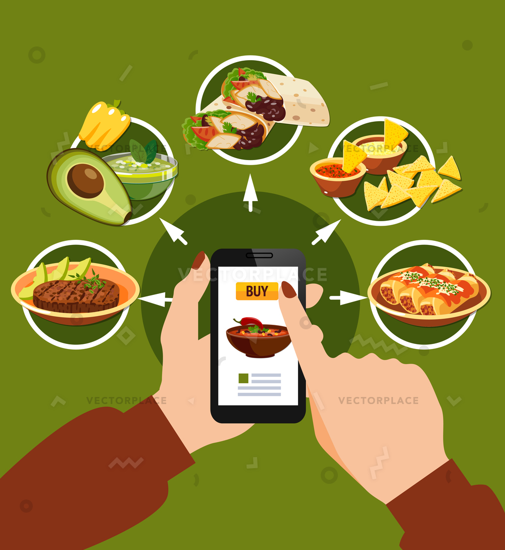 1000x1089 Mexican Food Buying Online Composition Green Vector Illustration