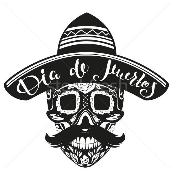600x592 Dia De Muertos Day Of Dead Black Skull In Mexican Hat Vector