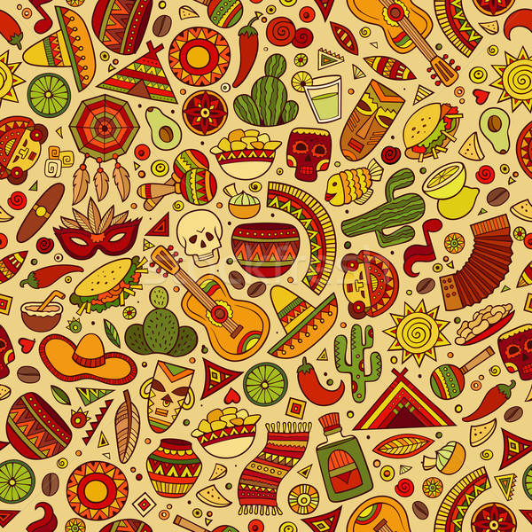 600x600 Cartoon Hand Drawn Latin American, Mexican Seamless Pattern Vector