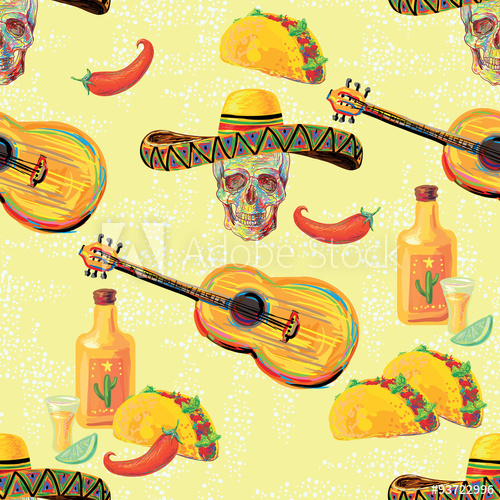 500x500 Mexican Vector Seamless Music Pattern With Skull, Sombrero Hat
