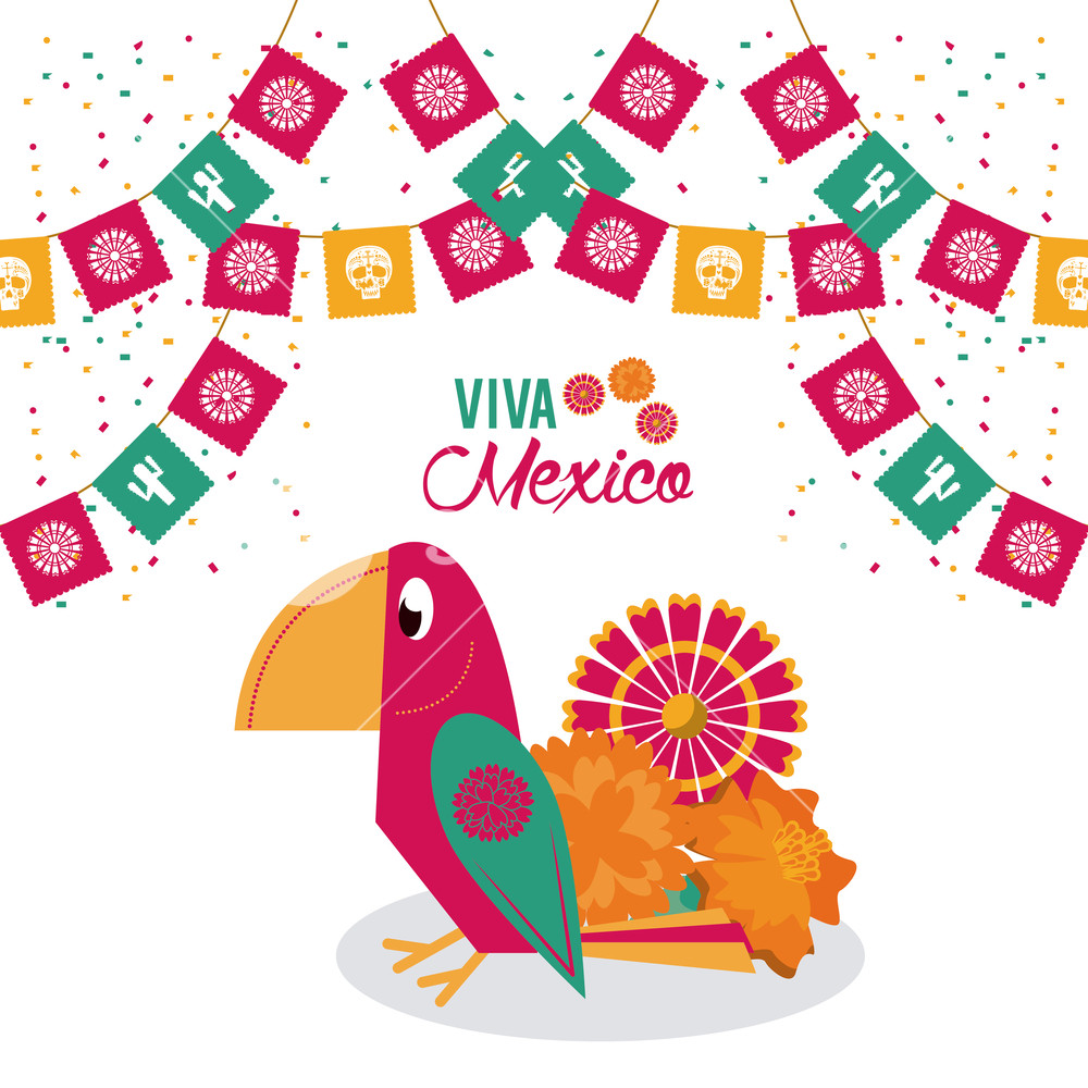 1000x1000 Mexican Huipil Bird With Pennants Viva Mexico Vector Illustration