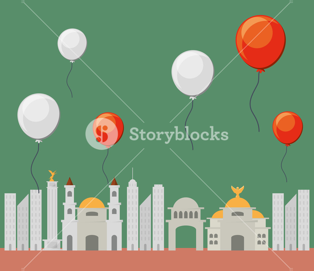 1000x864 Mexico City And Balloons Over Green Background, Colorful Design