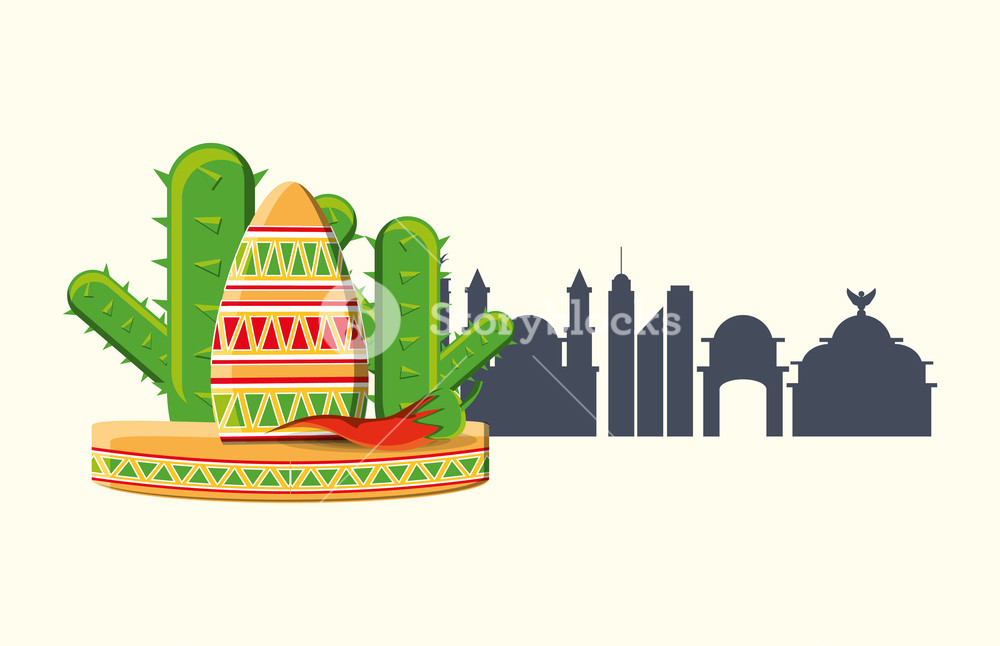 1000x646 Mexican Hat And Cactus With Mexico City Silhouette Over White