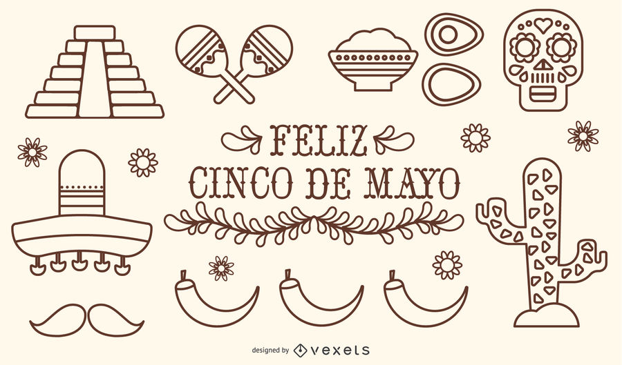 900x529 Mexico Cinco De Mayo Stroke Vector Set