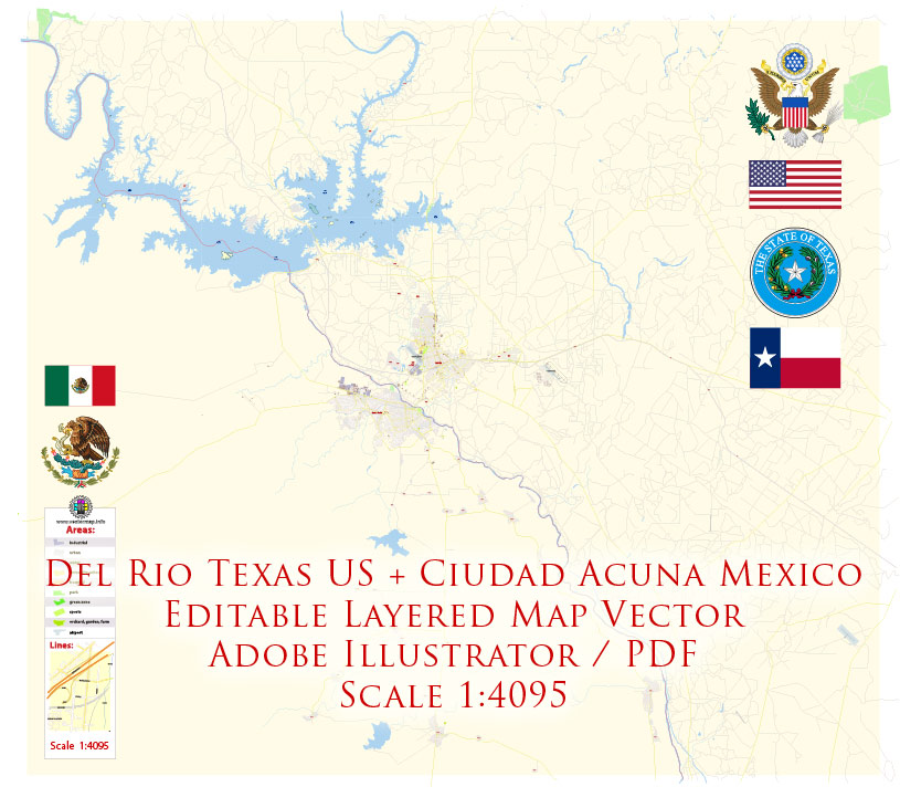 815x731 Del Rio Texas Us + Ciudad Mexico Map Vector Exact City
