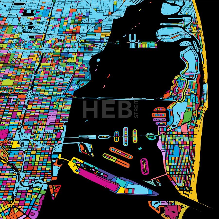 900x900 Miami And Miami Beach Colorful Vector Map On Black Maps Vector