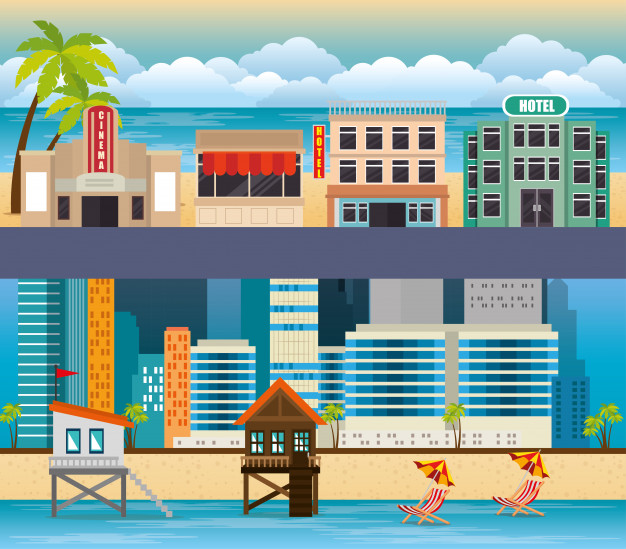 626x549 Miami Beach Cityscape Set Scenes Vector Illustration Design Vector