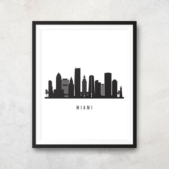 570x570 Miami Skyline Black White Miami Florida Cityscape Poster Etsy