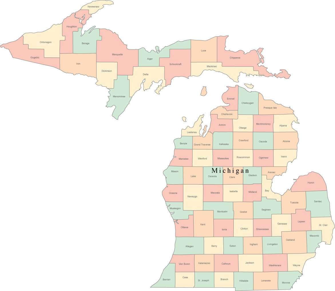 1171x1017 Multi Color Michigan Map With Counties And County Names