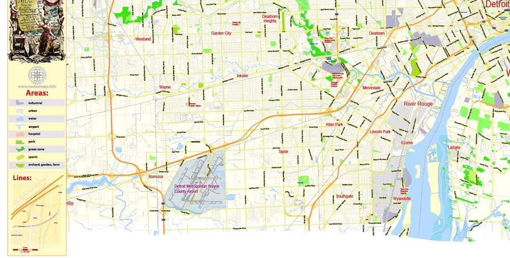 1000x507 Pdf Map Detroit Vector City Plan Editable Street Map In Layers