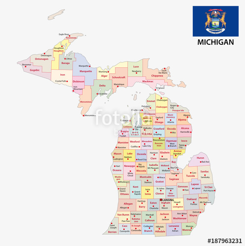 497x500 Michigan Administrative And Political Vector Map With Flag Stock