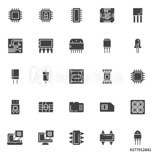 500x500 Computer Microchip Vector Icons Set, Modern Solid Symbol