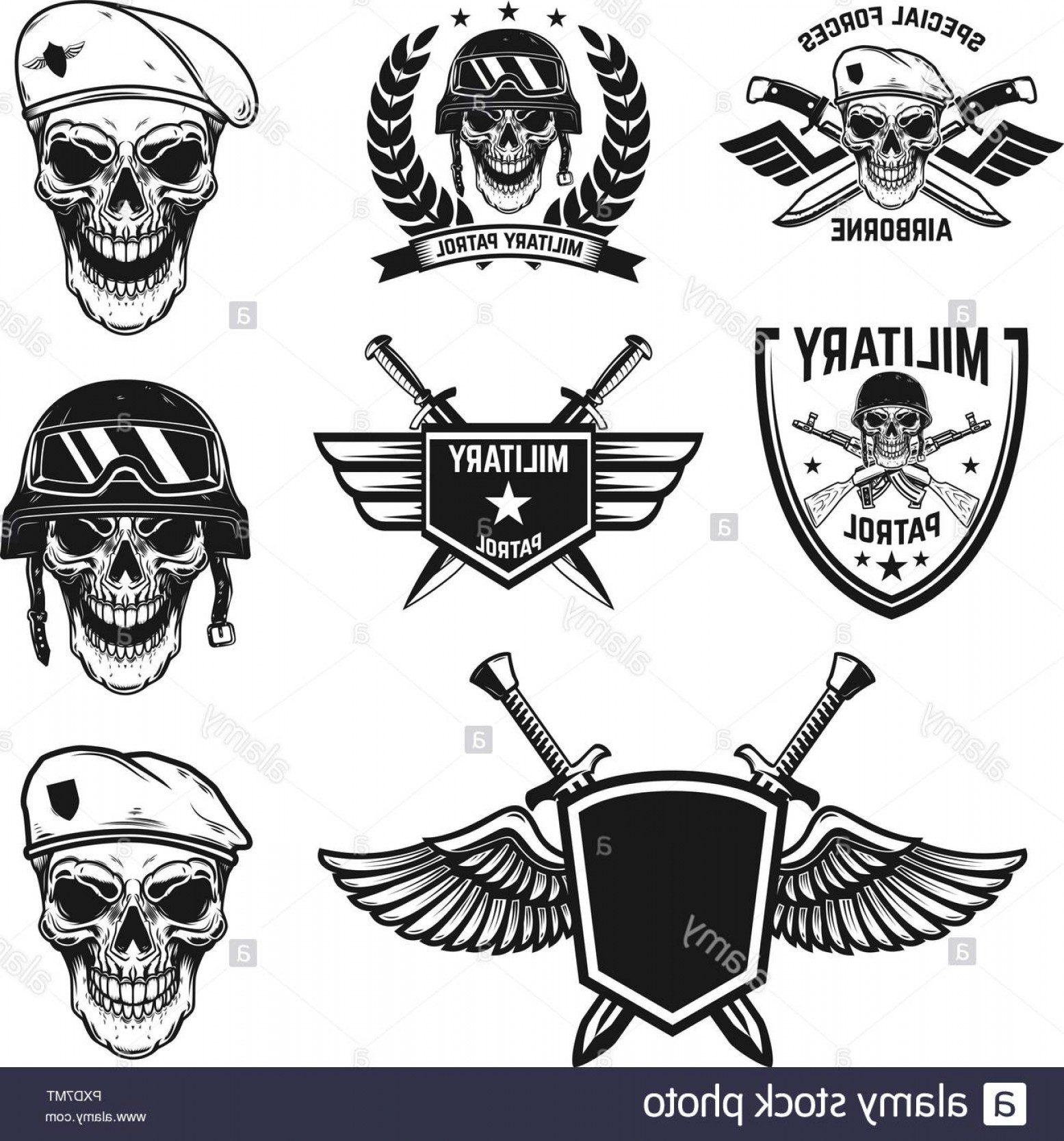 1555x1668 Set Of Military Emblems With Paratrooper Skull Design Element