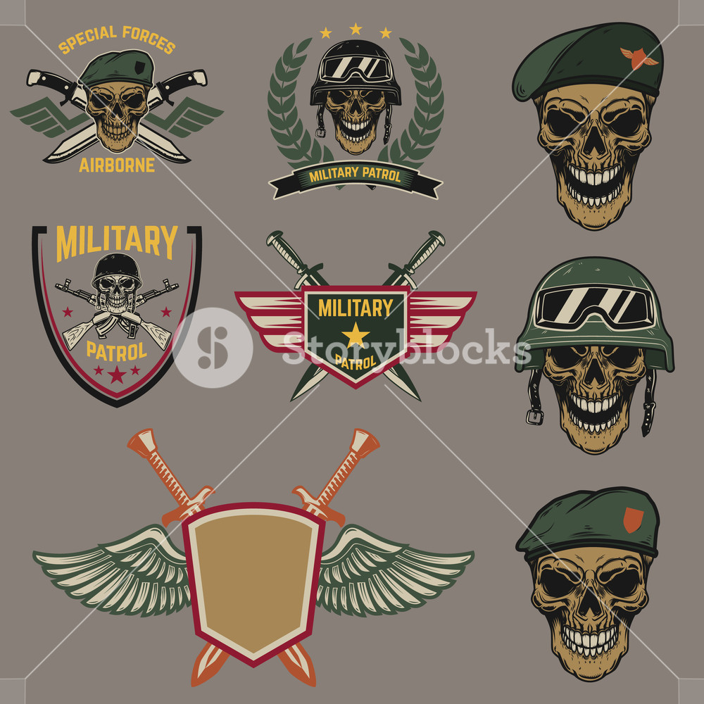 1000x1000 Set Of Military Emblems Paratrooper Skull With Crossed Knives