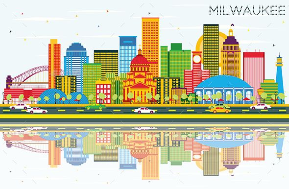590x386 Vector Building Milwaukee Skyline With Color Buildings, Blue Sky
