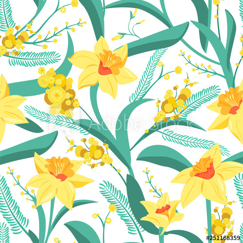 500x500 Seamless Pattern Of Yellow Narcissus With Green Leaves And Mimosa