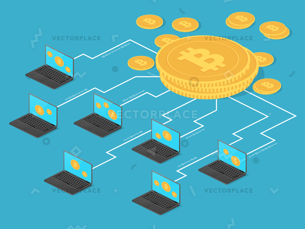 1000x750 Crypto Money Net Banking Bitcoin Mining Vector Illustration