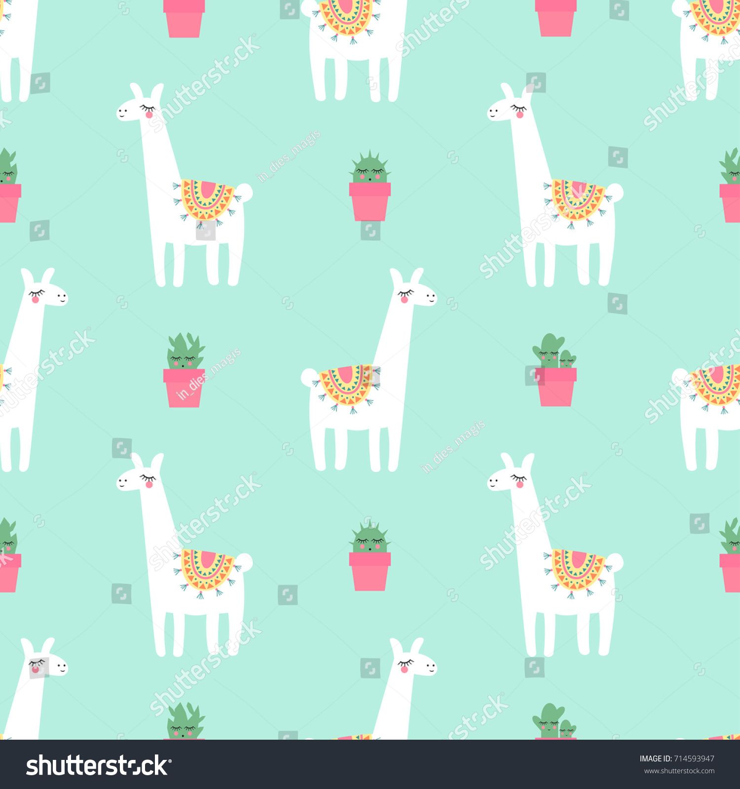 1500x1600 Cute Lama With Cacti Seamless Pattern On Mint Green Background