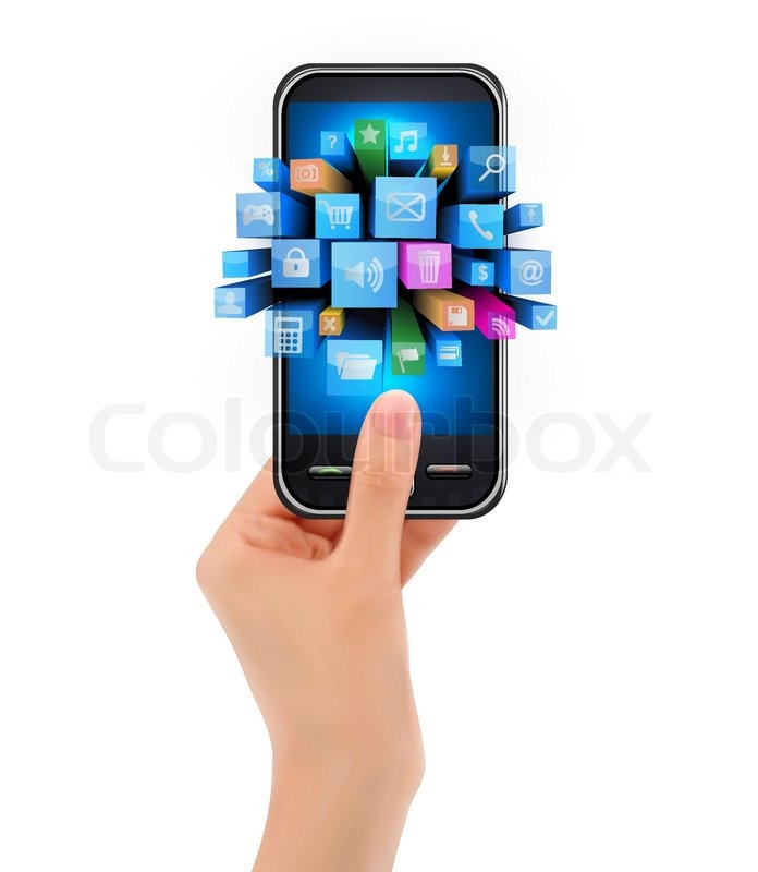 696x800 Hand Holding Mobile Phone With Icons Stock Vector Colourbox