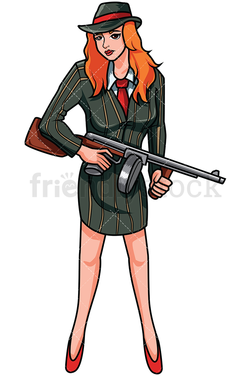 800x1200 Russian Female Mobster With Machine Gun Vector Cartoon Clipart