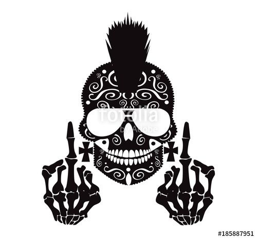 500x466 Punk Skull With Mohawk, Sunglasses And Middle Finger Black
