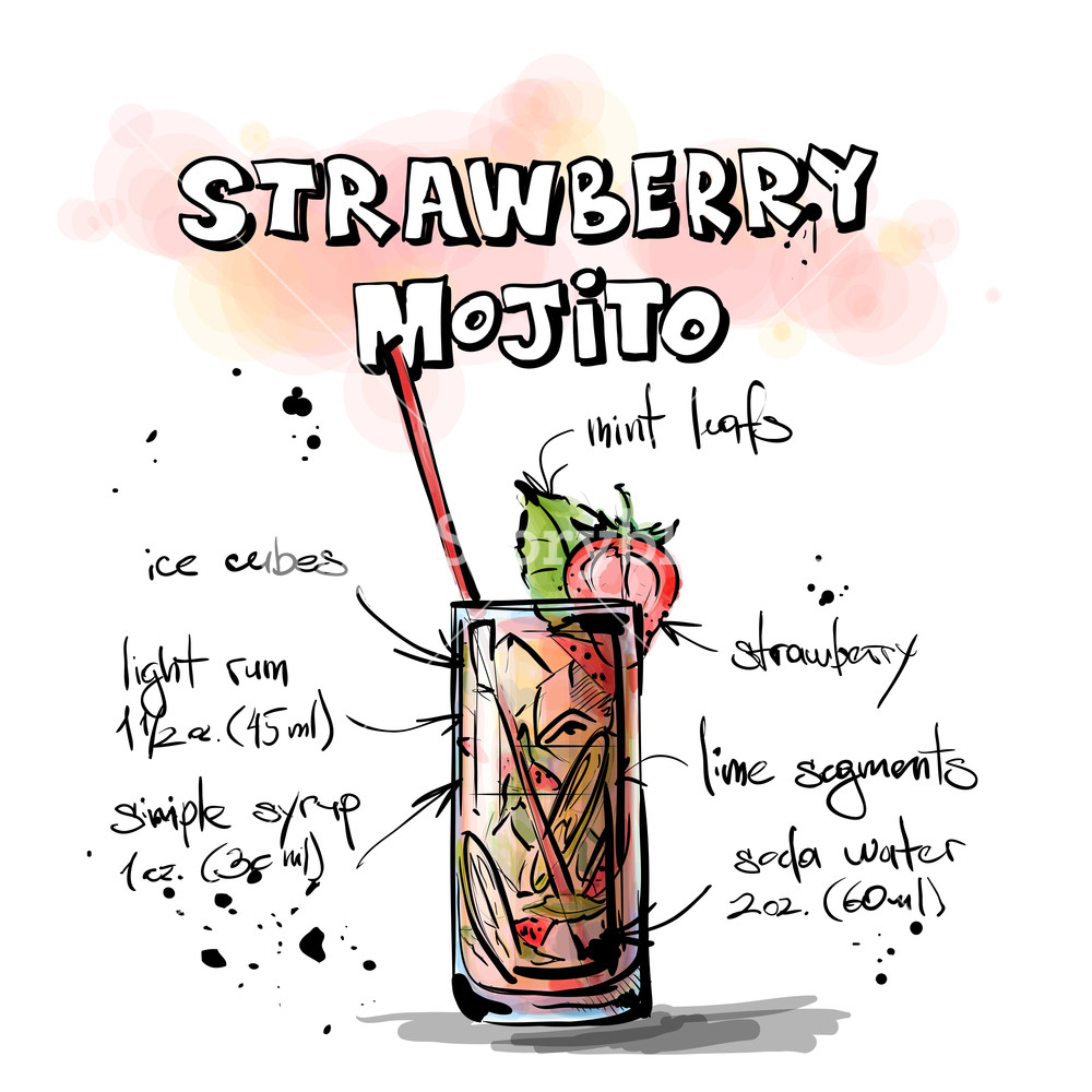 1000x1000 Hand Drawn Illustration Of Cocktail Strawberry Mojito Vector