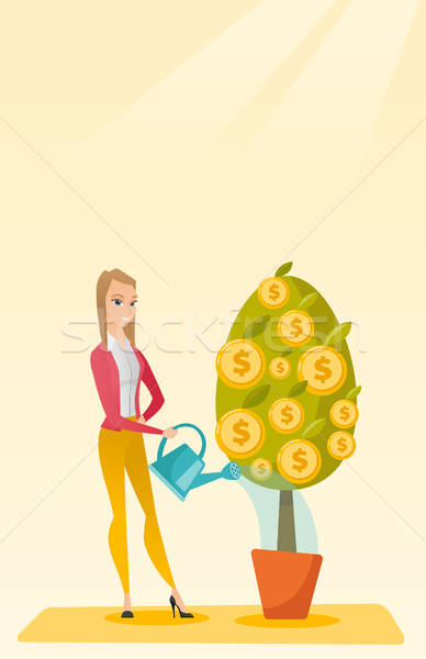 388x600 Woman Watering Money Tree Vector Illustration Vector Illustration