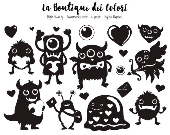 570x453 Valentine's Day Monsters Silhouette Clipart, Cute Digital Graphics