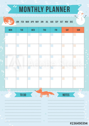 354x500 Winter Monthly Planner With Cartoon Elements Template With Place