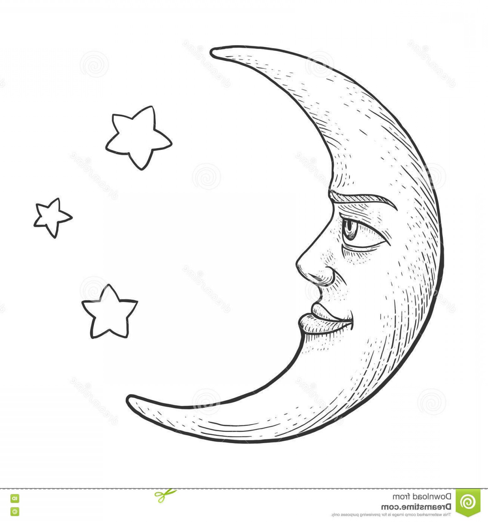 1560x1668 Stock Illustration Moon Face Engraving Style Vector Illustration