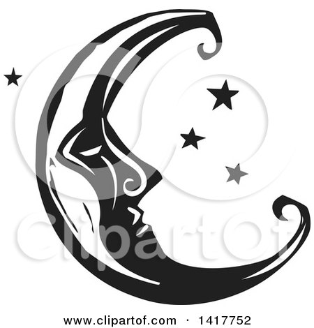 450x470 Clipart Vintage Black And White Crescent Moon Face
