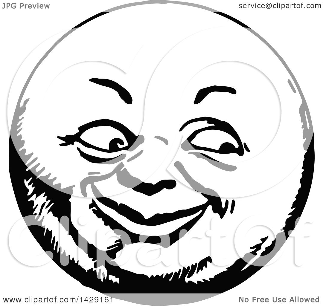 1080x1024 Clipart Of A Vintage Black And White Happy Moon Face