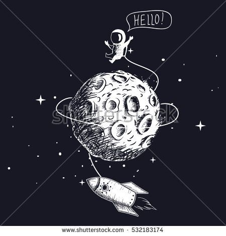 450x470 Cartoon Astronaut With Spaceship Flying Around The Moon Hand Drawn