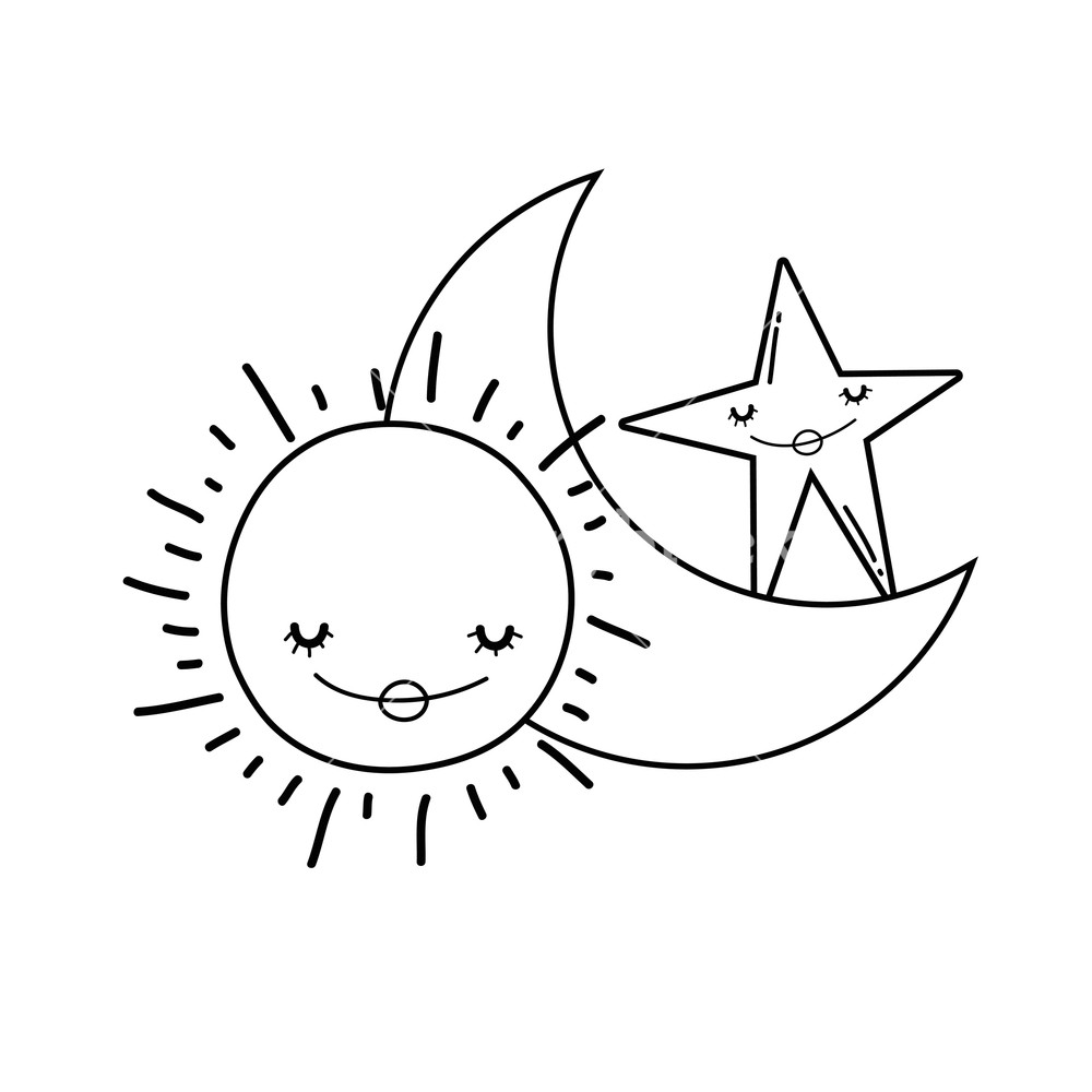 1000x1000 Moon And Sun Smiling With Star Cute Cartoons Vector Illustration