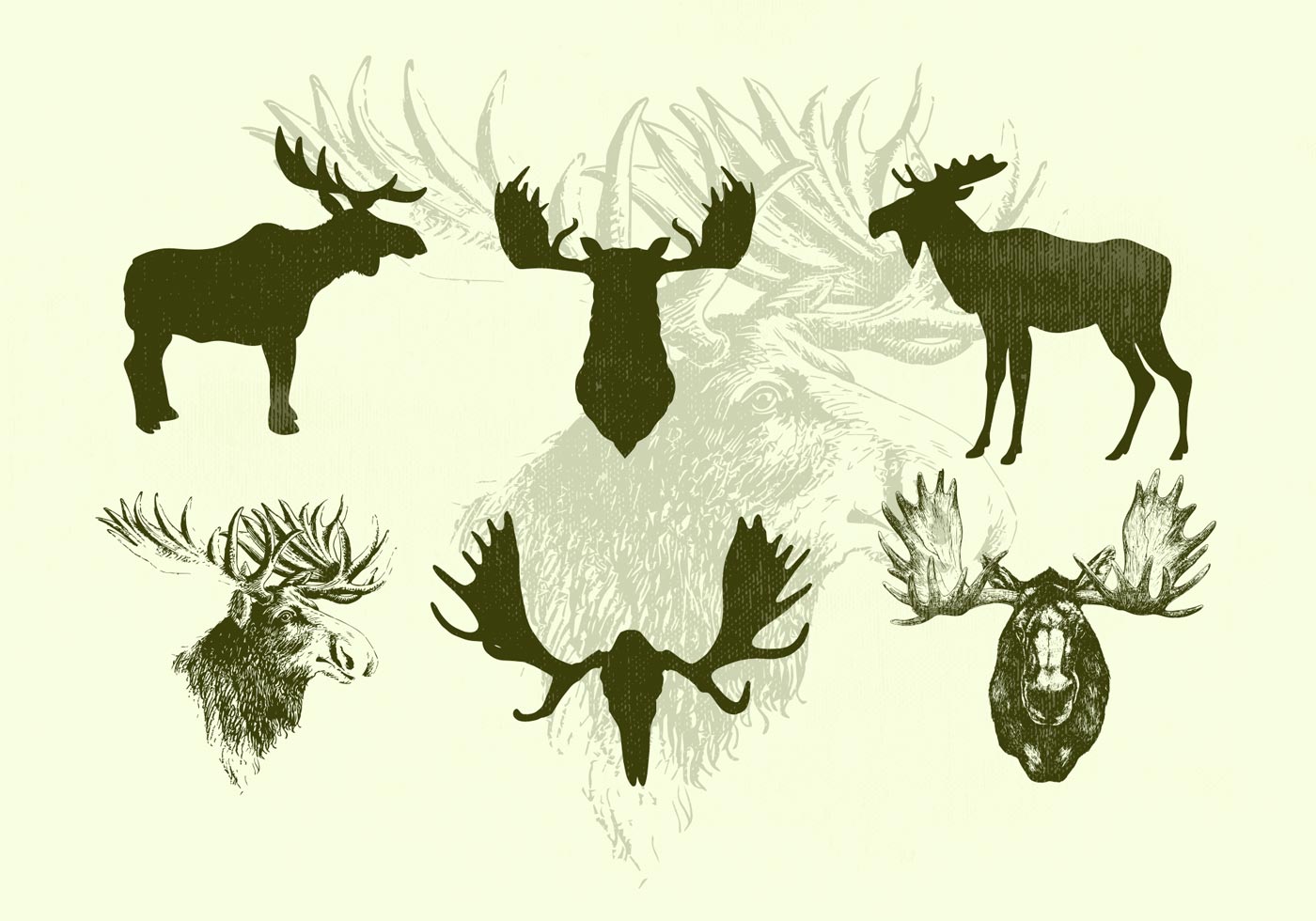 1400x980 Standing Moose And Moose Heads Vector Silhouettes