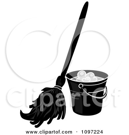 450x470 Clipart Black And White Mop Resting Against A Cleaning Bucket
