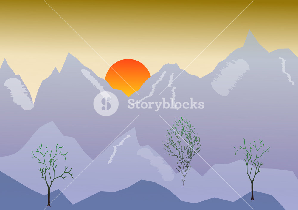 1000x707 Morning Vector Landscape With Mountain, Sunrise, Golden Sky