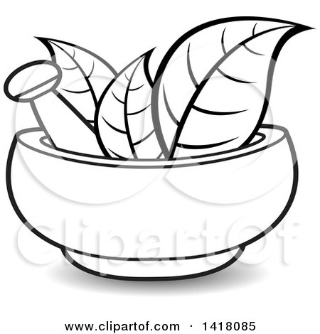 450x470 Clipart Of A Lineart Mortar And Pestle With Leaves