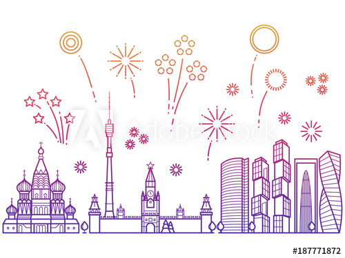 500x375 Moscow City Vector Panorama Festive Fireworks
