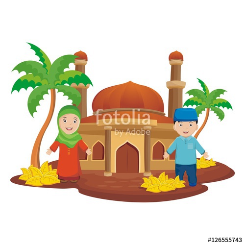 500x500 Adorable Mosque Islamic Cartoon With Two Kids Stock Image
