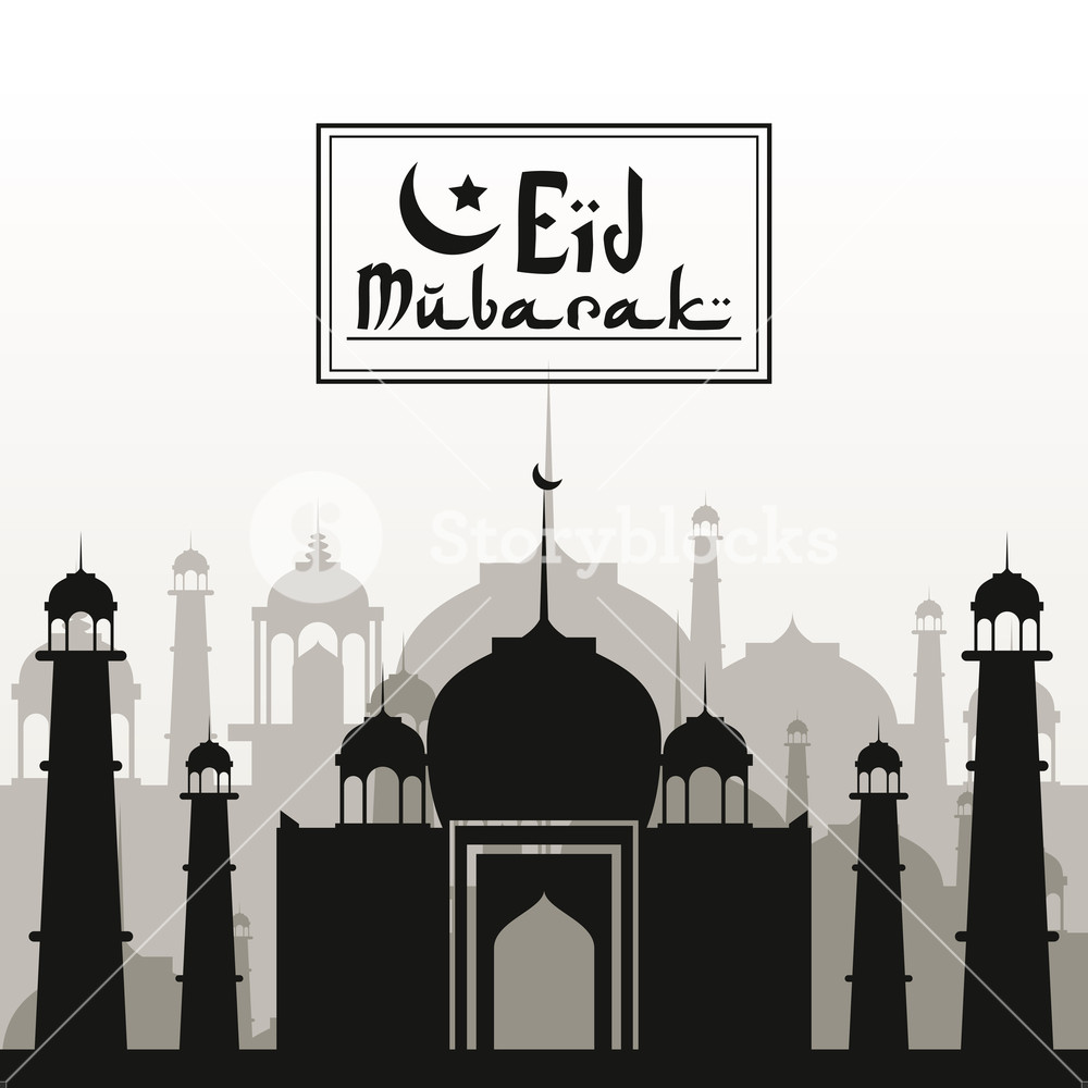 1000x1000 Monochrome Background With Silhouette Eid Mubarak With Mosque